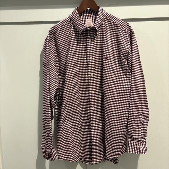 Brooks Brothers Shirt Mens Large Burgundy White Gingham Madison Non-Iron Supima - Picture 1 of 10